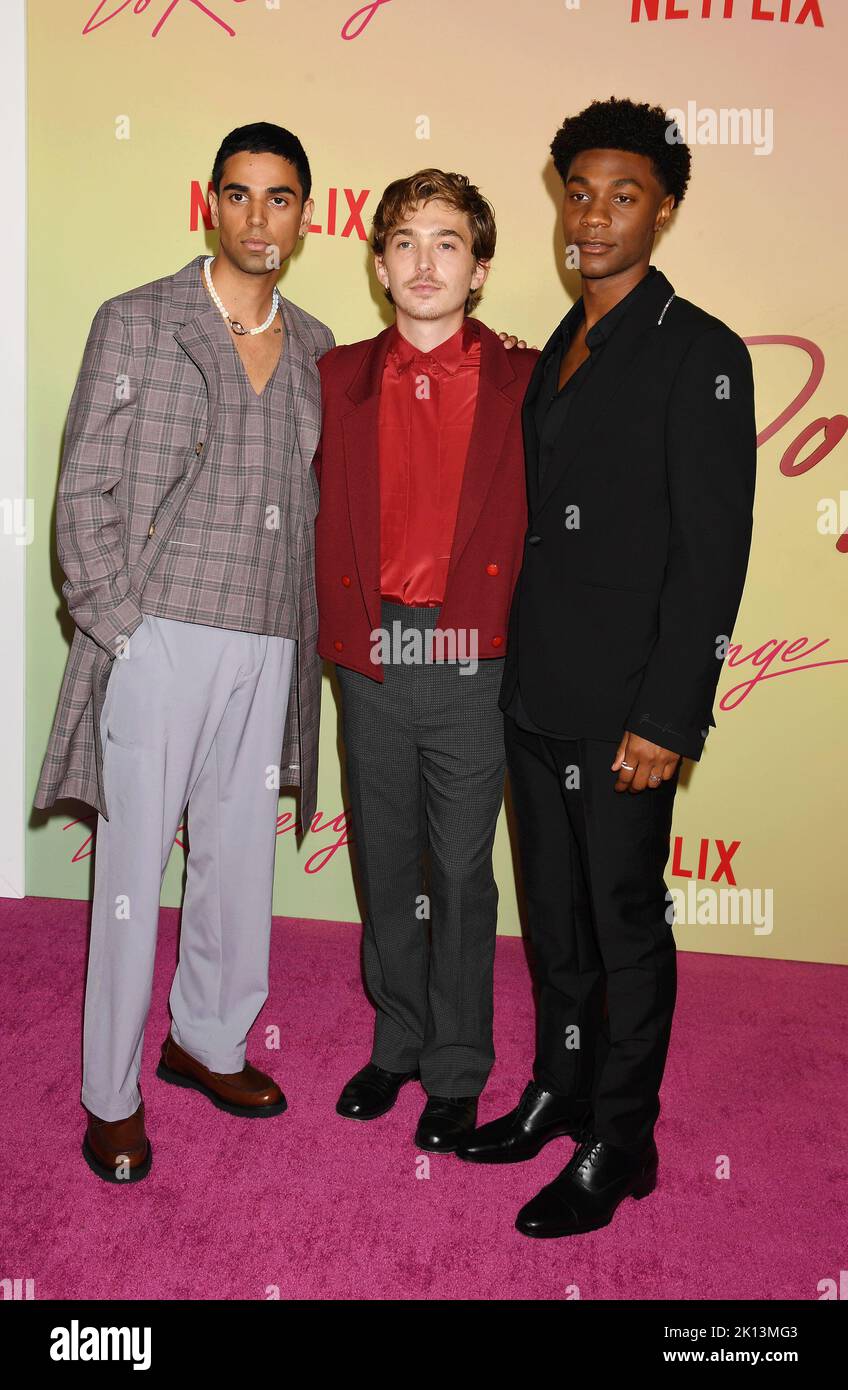 HOLLYWOOD, CA - SEPTEMBER 14: (L-R) Rish Shah, Austin Abrams and Jonathan Daviss attend a special screening of Netflix's "Do Revenge" at TUDUM Theater Stock Photo