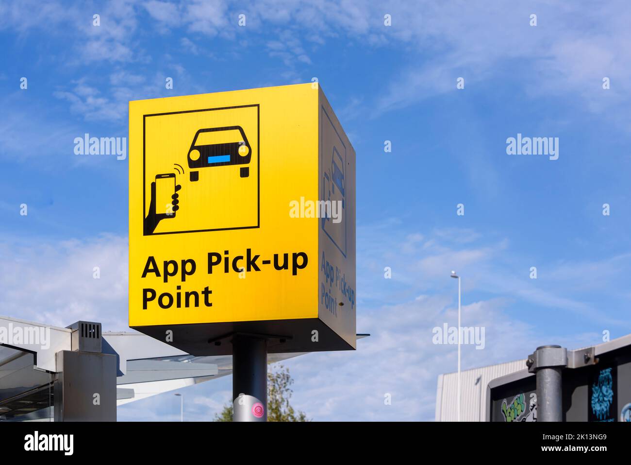Sign for the App pickup point, Schiphol Airport, Netherlands Stock