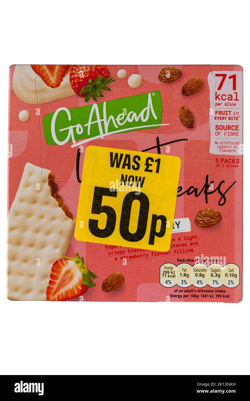 Box of Go Ahead Yogurt Breaks Strawberry isolated on white background - Reduced yellow sticker on food was £1 now 50p, half price Stock Photo