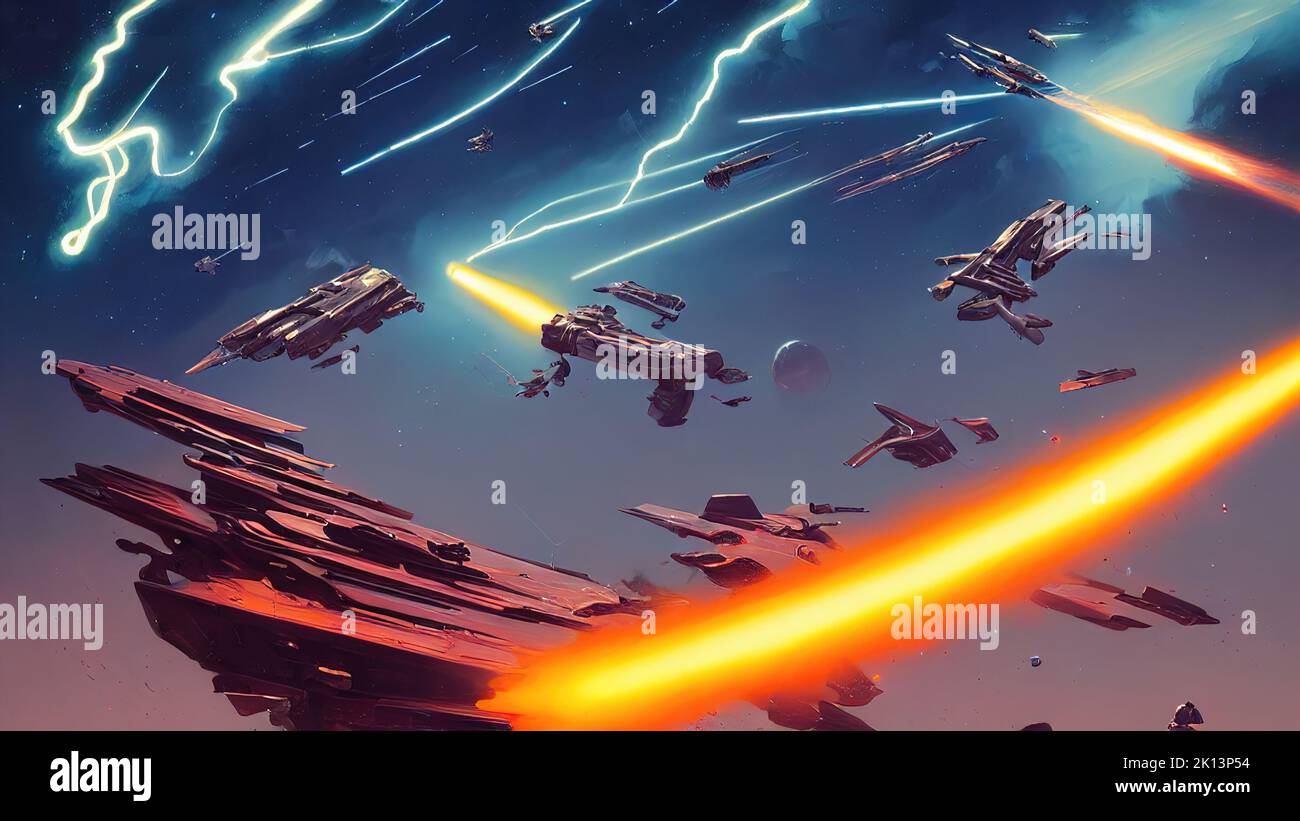 Space battle, spaceships are fighting, shooting from laser guns, explosions and sparks