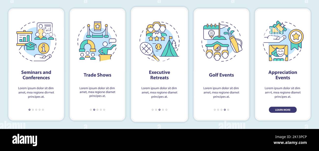 Corporate events types onboarding mobile app screen Stock Vector