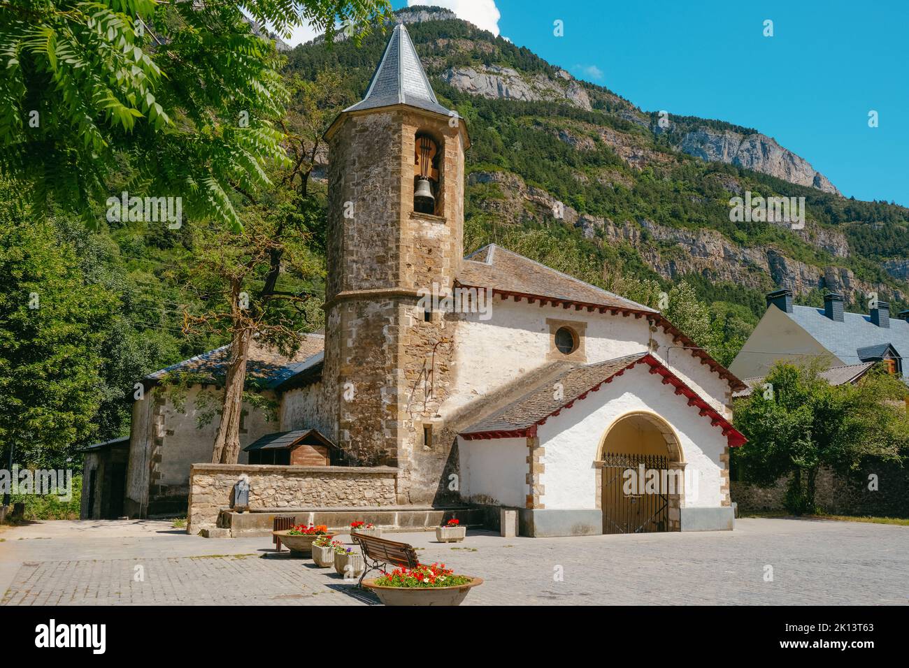 the Asuncion de Nuestra Senora Church in the Old Town of Canfranc, in the Huesca province of Aragon, Spain Stock Photo