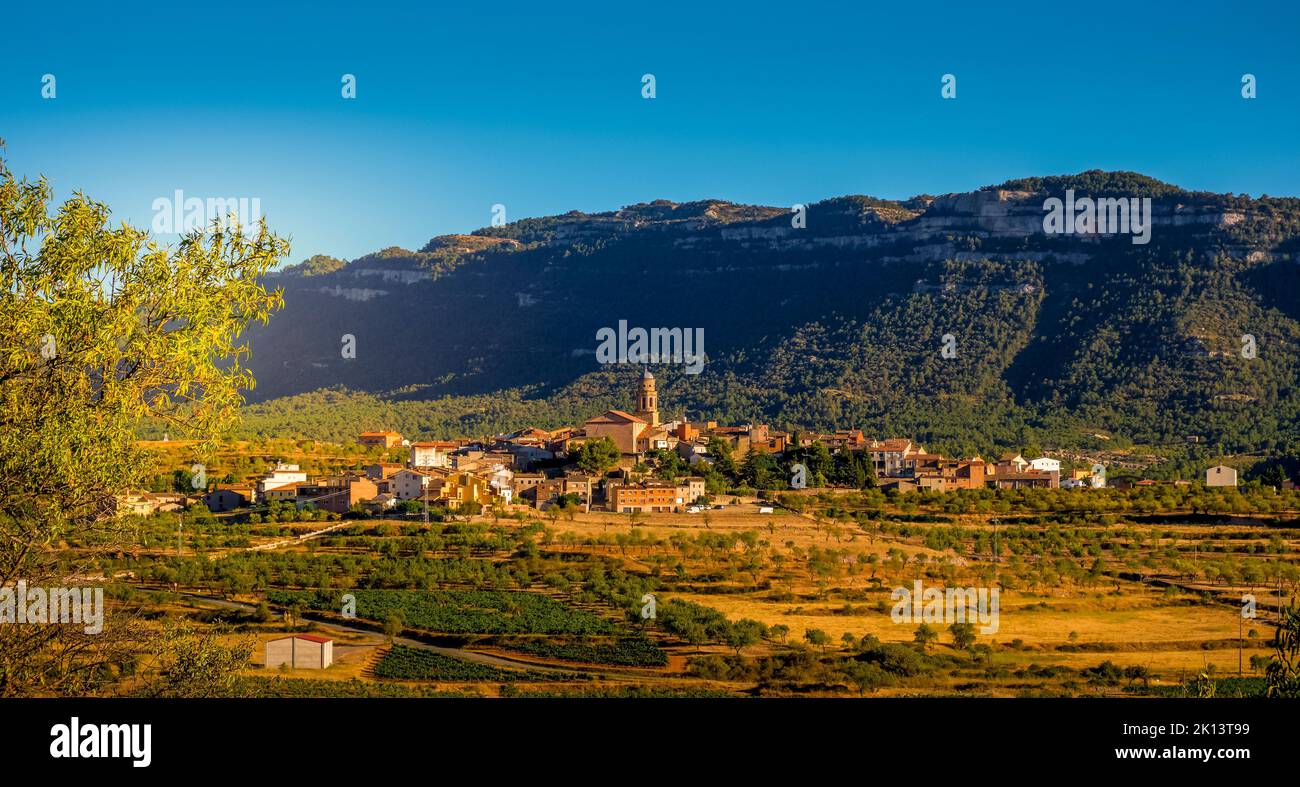 a panoramic view of Ulldemolins, in the province of Tarragona, Catalonia, Spain, with the Serra de Montsant mountain range in the background Stock Photo
