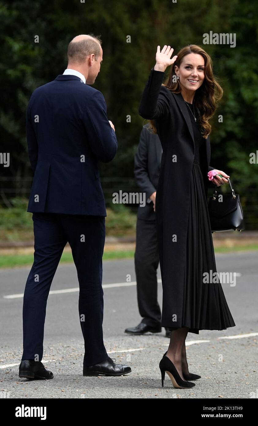 The Prince and Princess of Wales leave after they viewed floral tributes left by members of the public at the gates of Sandringham House in Norfolk, following the death of Queen Elizabeth II. Picture date: Thursday September 15, 2022. Stock Photo
