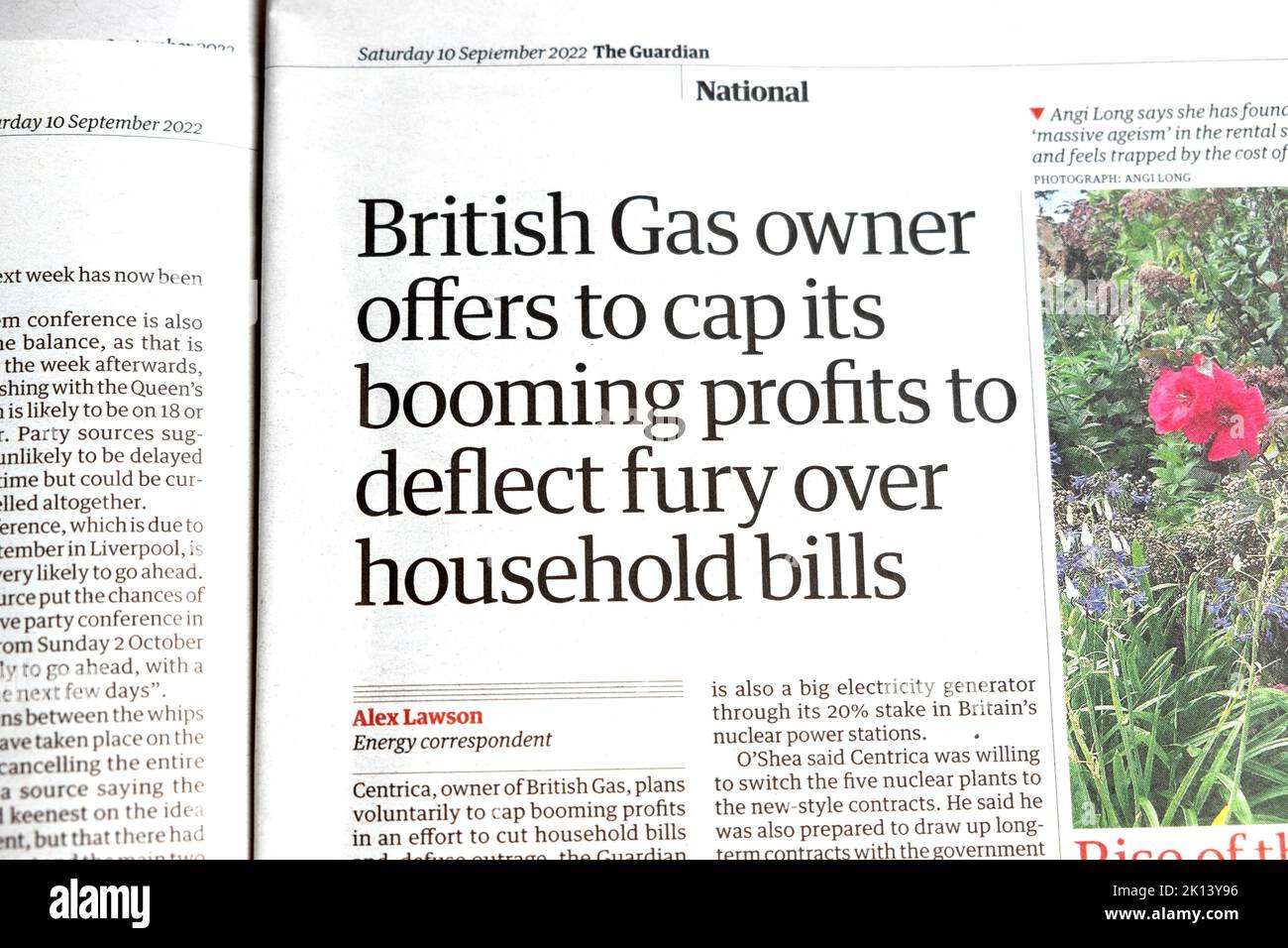 'British Gas owner offers to cap its booming profits to deflect fury over household bills' Guardian newspaper headline fuel 10 September London UK Stock Photo