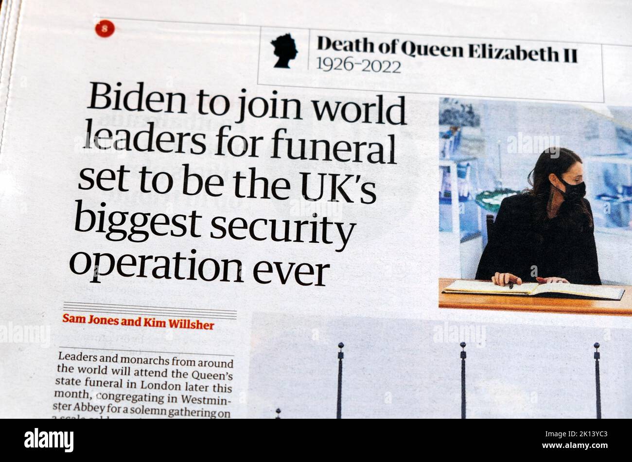 'Biden to join world leaders for funeral set to be the UK's  biggest security operation ever' Death of Queen Elizabeth II newspaper headline London UK Stock Photo