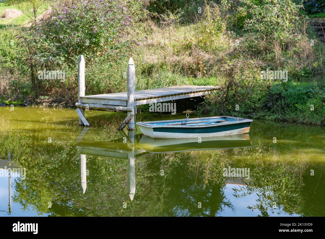old boat on a still pond with reflections Stock Photo