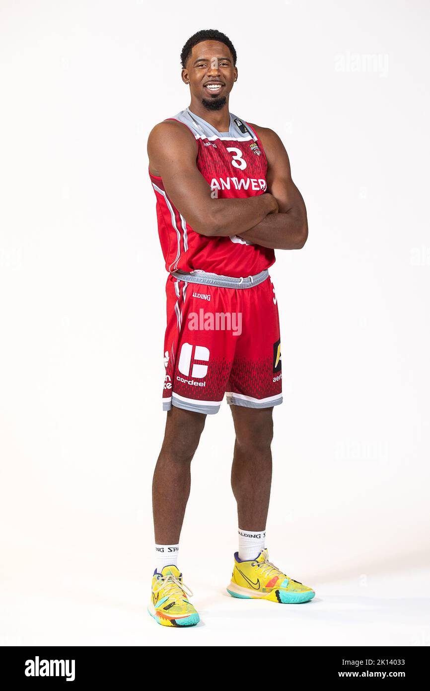 Antwerp's Avery Woodson poses at a photoshoot of Belgian Basketball