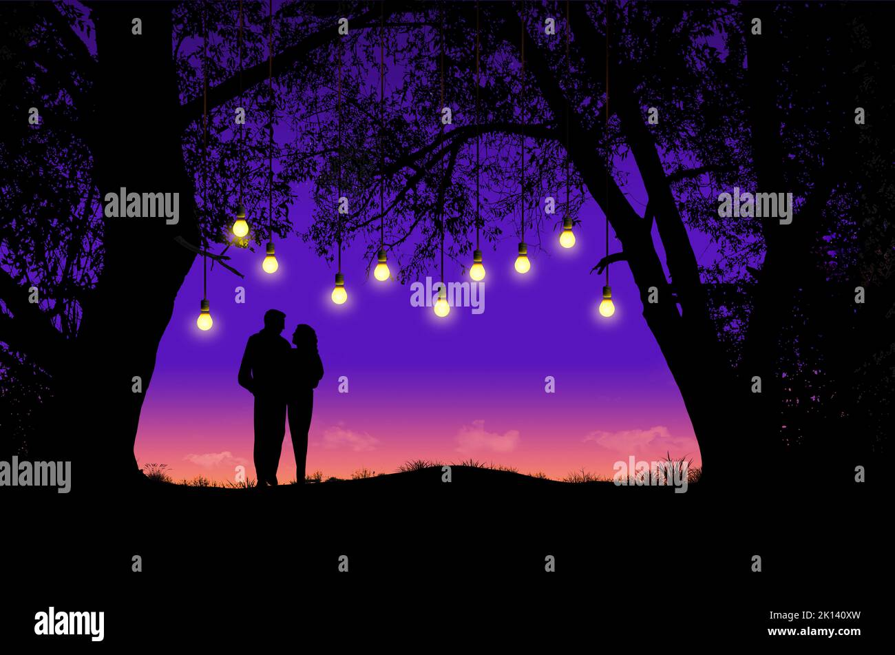 A man and woman are seen together at dusk in a wooded scene that is illuminated with hanging light bulbs in this 3-d illustration. Stock Photo