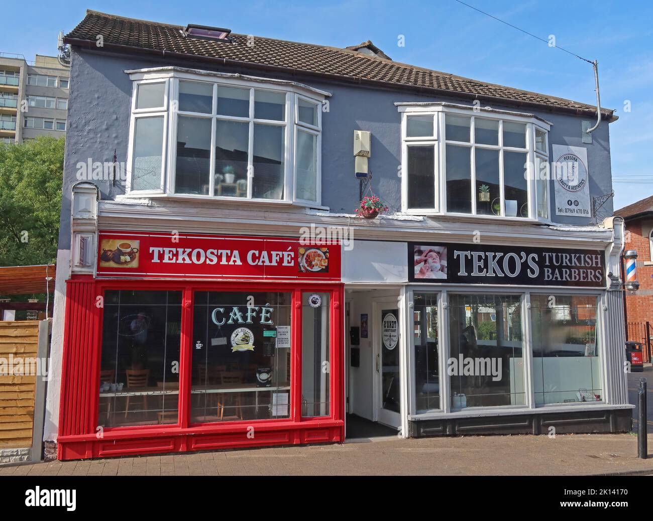 Turkish Tekosta cafe & Teko's barbers , 48/50 Church St, Runcorn, Halton, Cheshire, England, UK, WA7 1LD Stock Photo