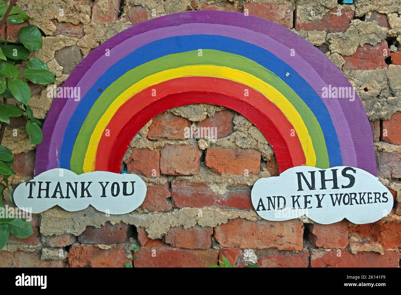 Rainbow on a wall in Runcorn Old Town, Thank You, NHS and Key Workers, clapped but not offered reasonable pay rises, Cheshire, England, UK Stock Photo