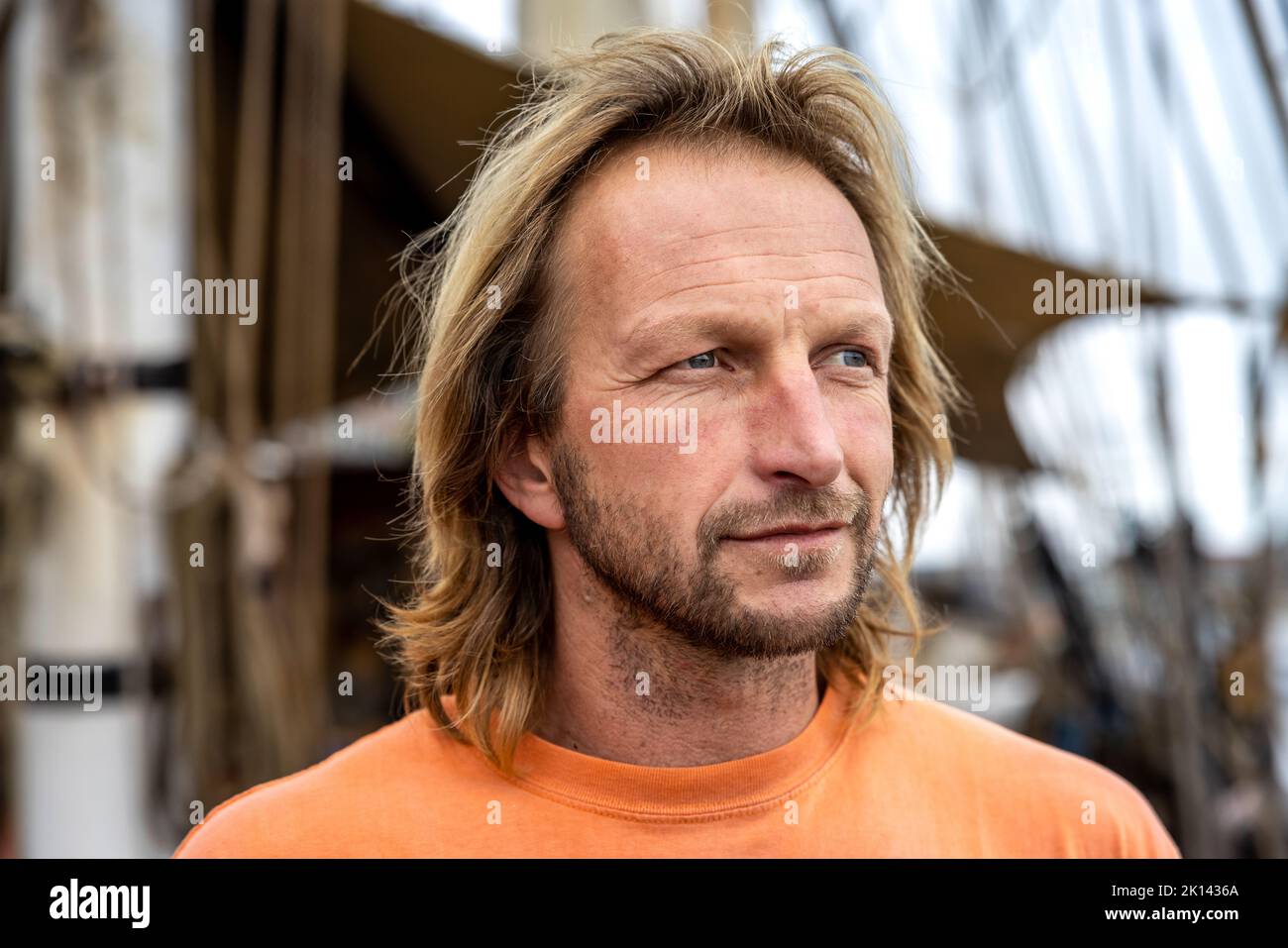 Captain Andreas Lackner, founder of the shipping company 'Fairtransport', here on board the 'Tres Hombres' in its home port in Den Helder Netherlands. Here it is being prepared by the crew for its next voyage. The schooner 'Tres Hombres' transports goods such as wine, coffee, chocolate and rum from the Caribbean across the Atlantic to Europe in a completely climate-neutral manner. Stock Photo