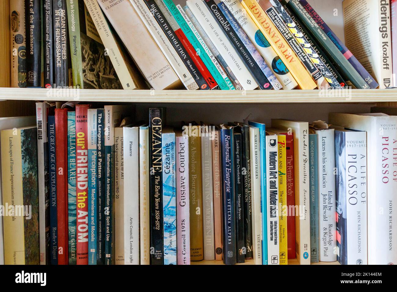 Various art and philosophy books on a bookshelf Stock Photo