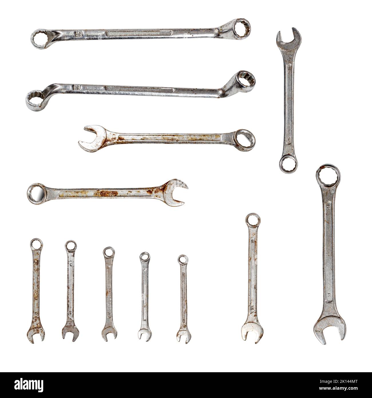 Old wrenches and ratchet  isolated on white background. Stock Photo
