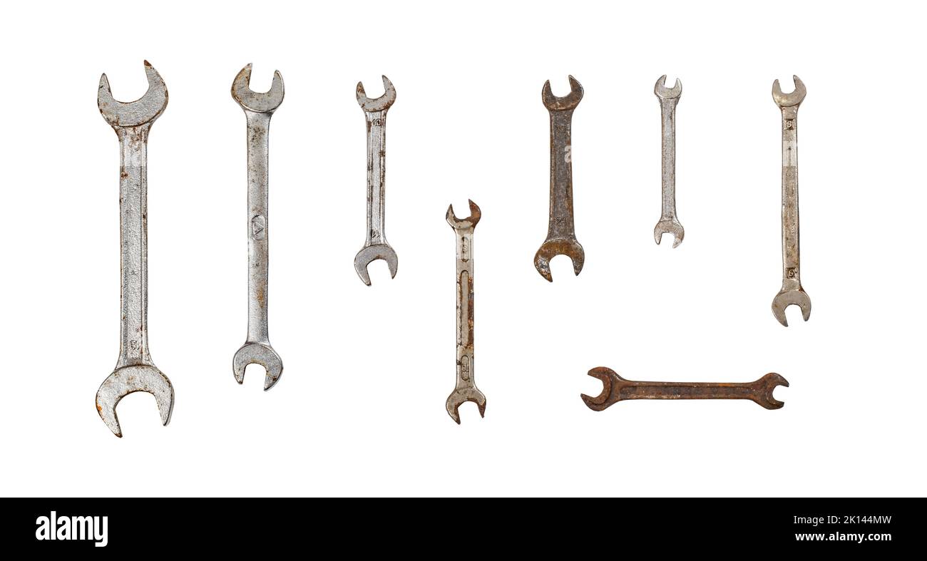 Old wrenches and ratchet  isolated on white background. Stock Photo