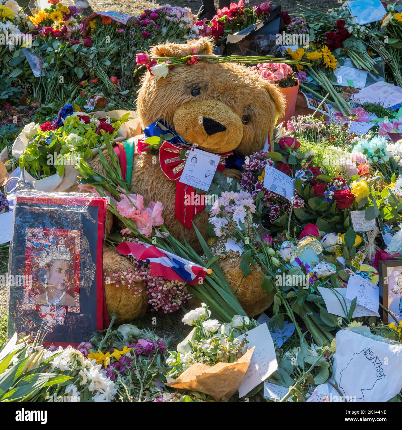Vast quantities of flowers and floral tributes have been left in Green Park, central London, by thousands of visitors mourning the death of Queen Elizabeth II Stock Photo