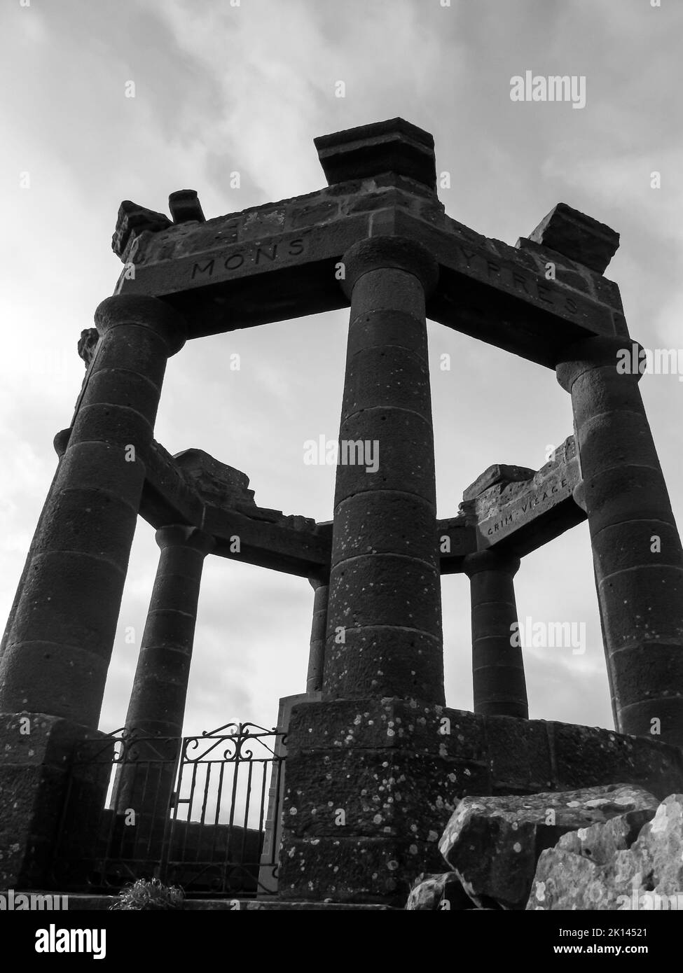 Ominous black and white view of the World War memorial at Stonehaven, Scotland, in Black and White. . This Memorial commemorates the people of Stoneha Stock Photo