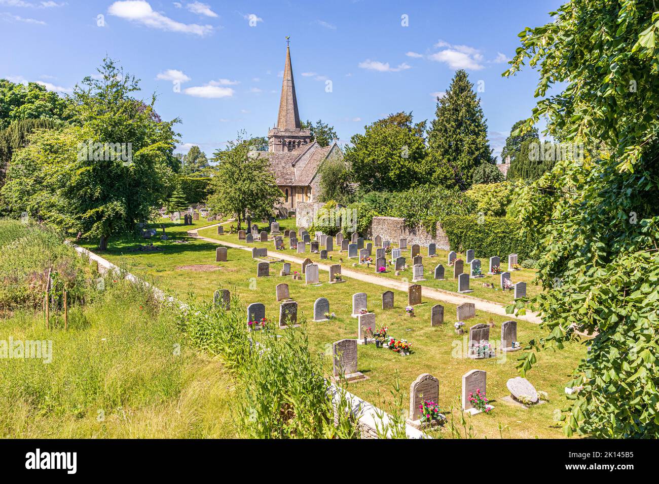 All Saints church in the Cotswold village of Down Ampney, Gloucestershire UK. Ralph Vaughan Williams was born in the Old Vicarage in 1872 Stock Photo