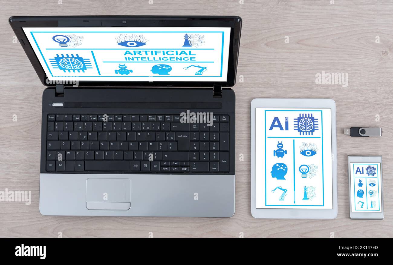Ai concept shown on different information technology devices Stock Photo