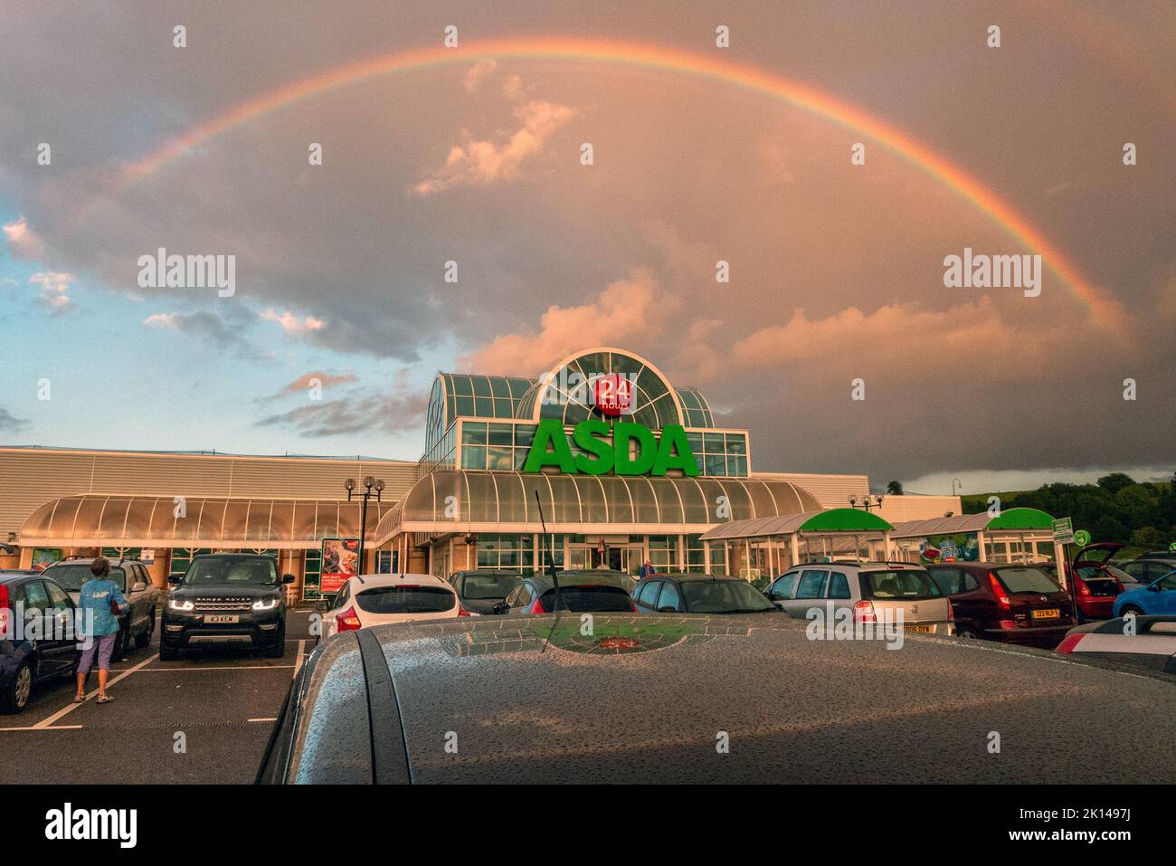Brighton, September 1st 2015: A rainbow over Hollingbury's Asda superstore during a storm Stock Photo