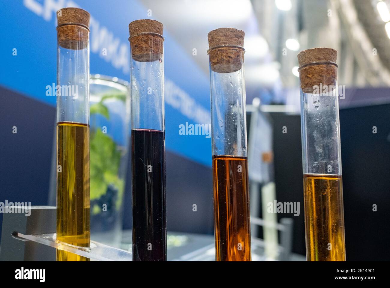 Four glass test tubes with multicolored liquid inside in the