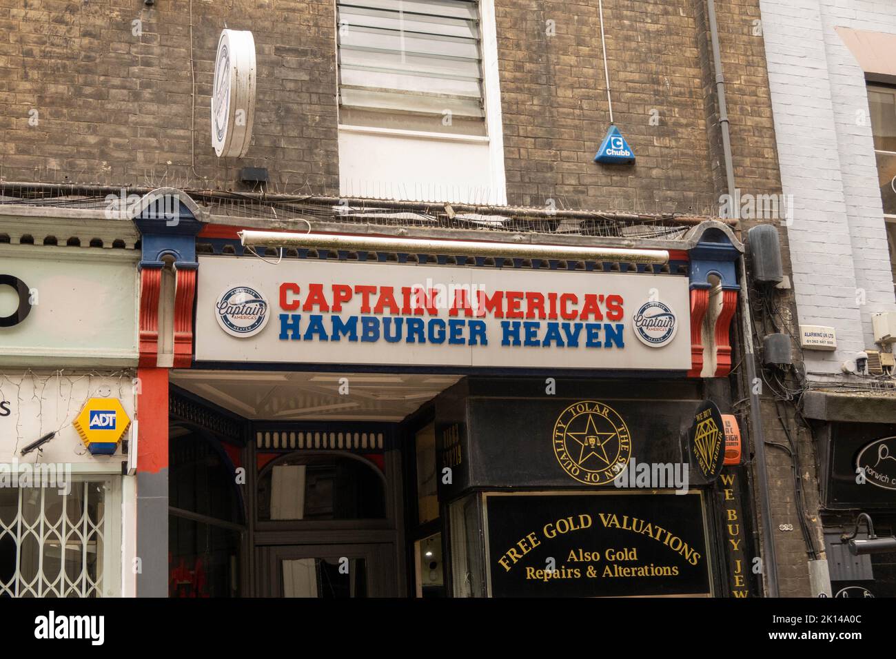 A view of the famous Captain Americas logo above the restaurant in Exchange Street Norwich Norfolk Uk Stock Photo