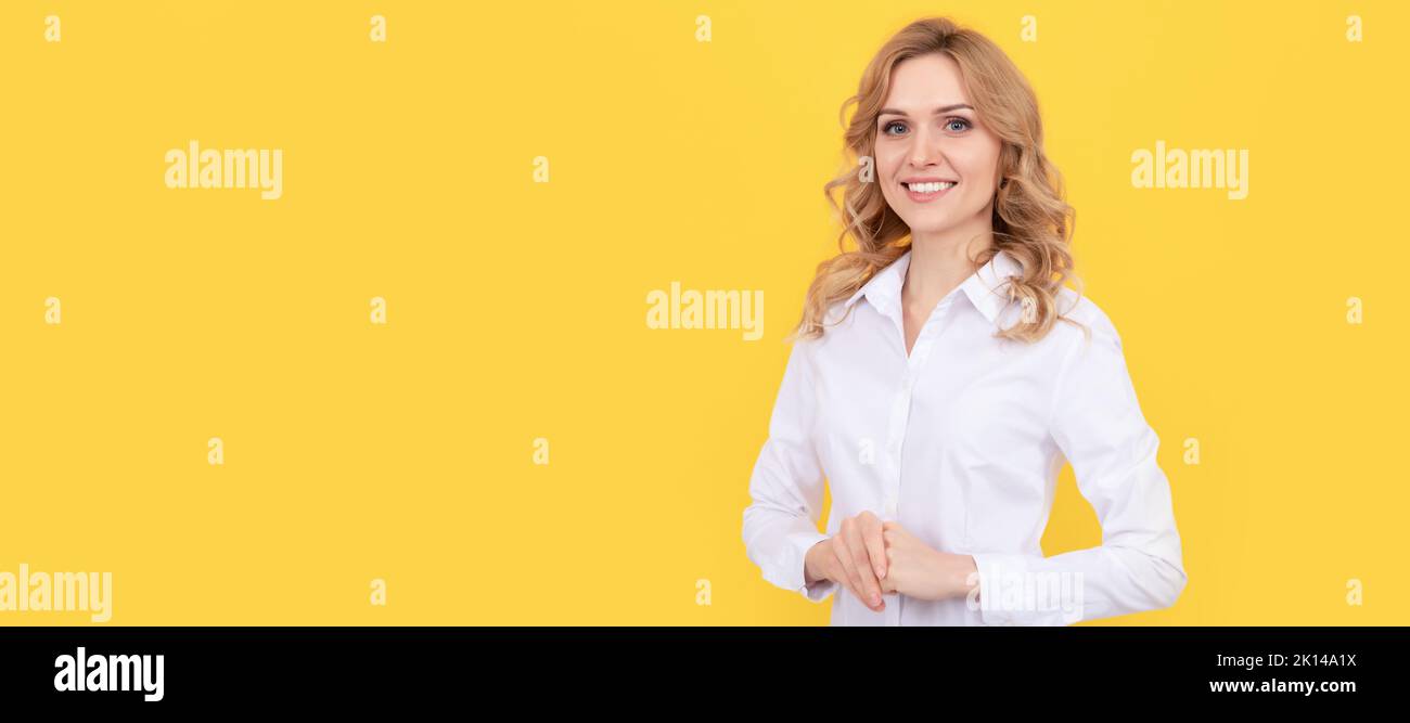 Woman isolated face portrait, banner with mock up copy space. cheerful blonde woman in white shirt. office worker. corporate fashion. business casual Stock Photo