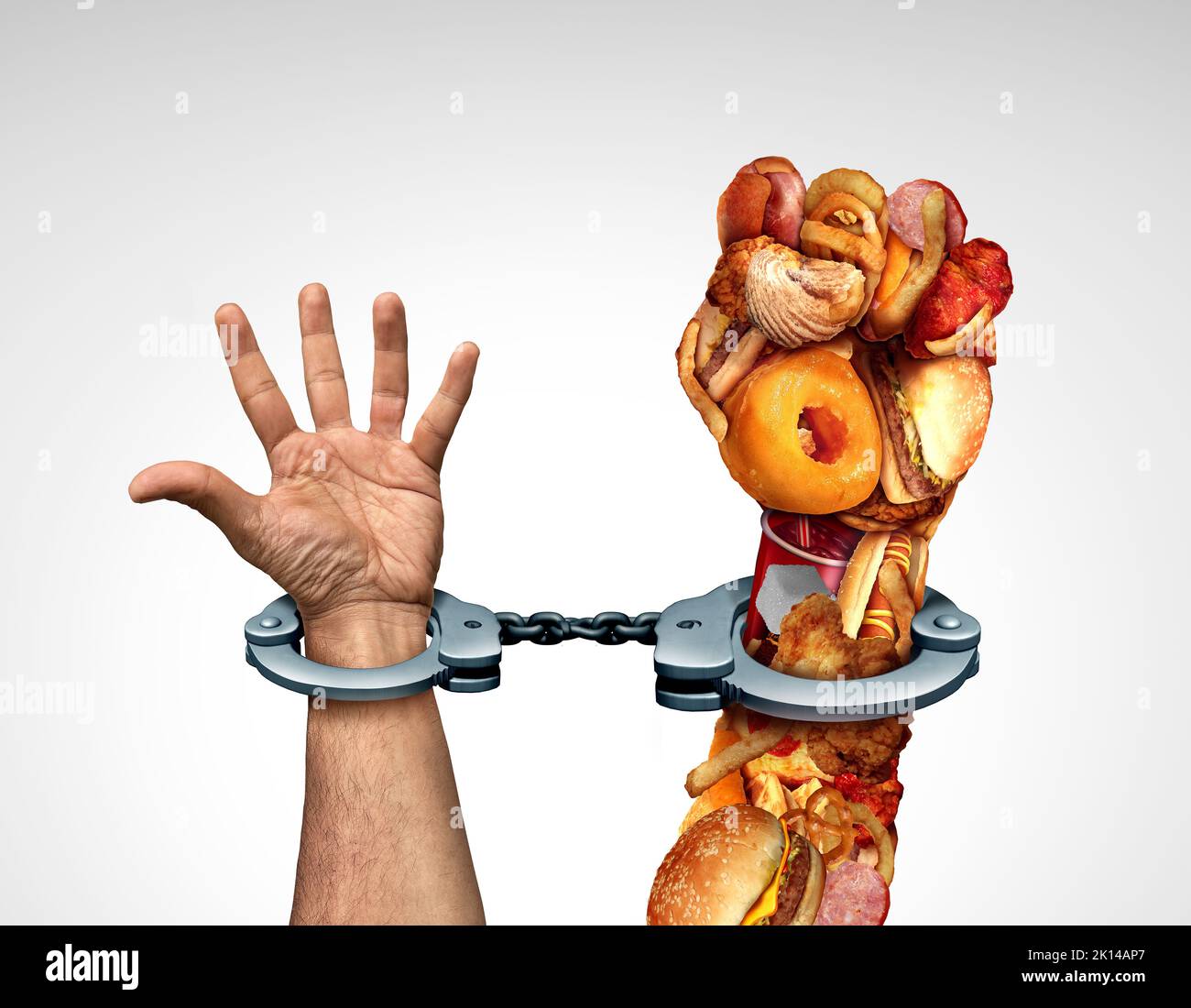 Fast Food Trap and being trapped by unhealthy junkfood as hamburgers and hot dogs with fries shaped as hands handcuffed as a prisoner of fat. Stock Photo