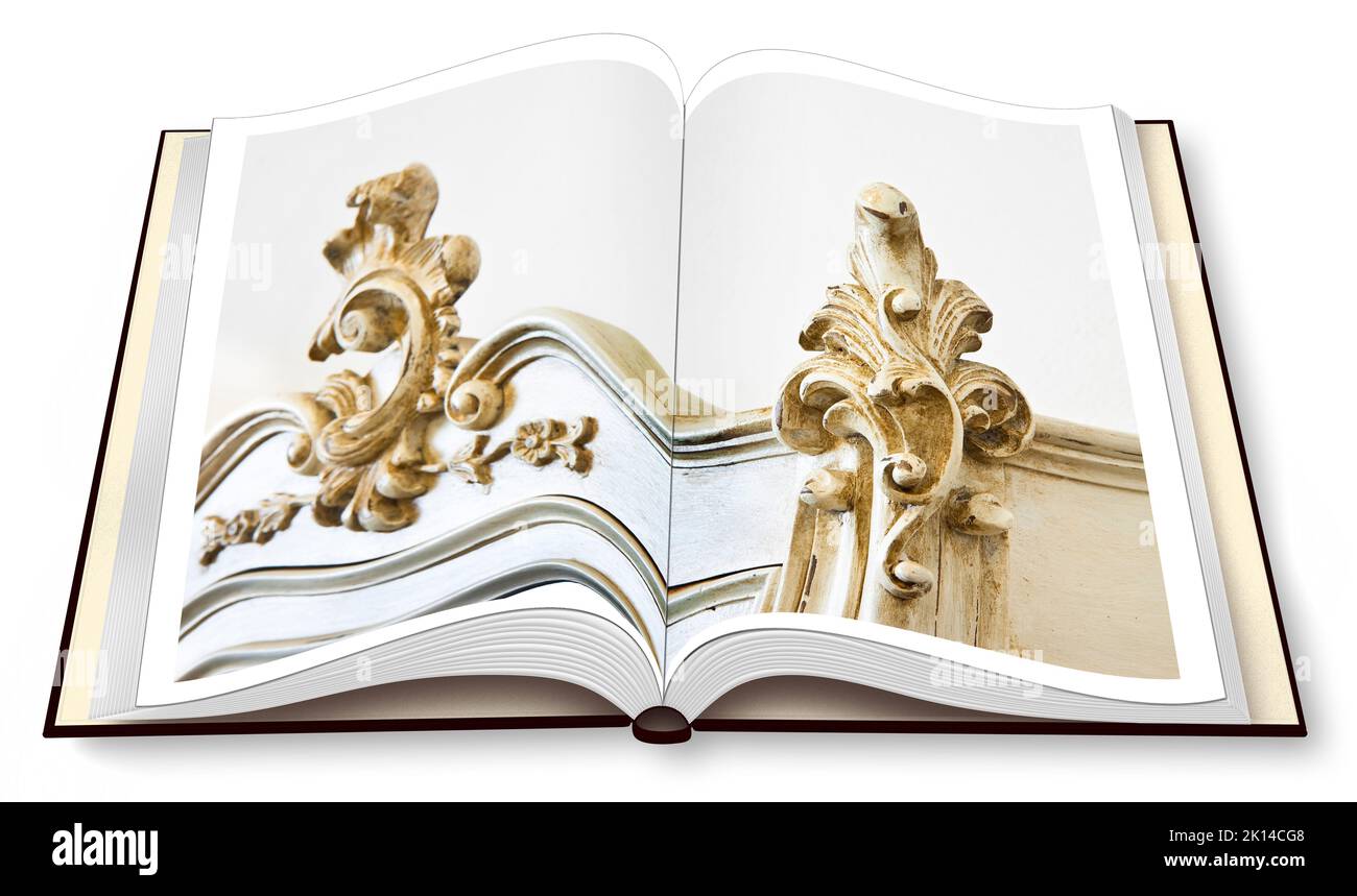 Detail of an antique italian furniture just restored on opened