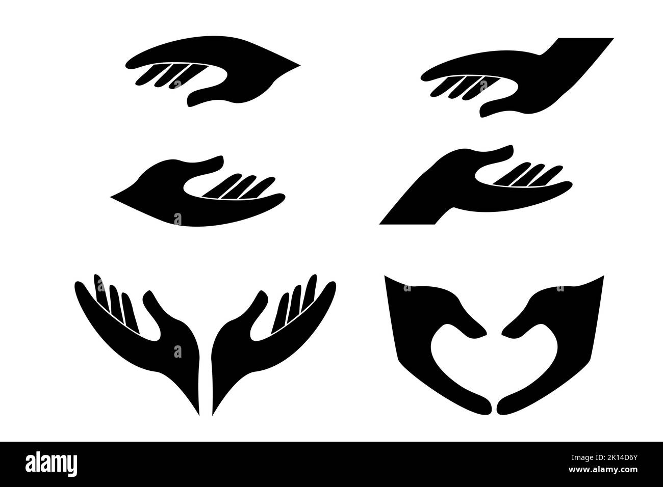 Set Human hands silhouette with heart shape charity concept isolated on white background. Collection arms with fingers, helpful gesture. Vector illustration Stock Vector