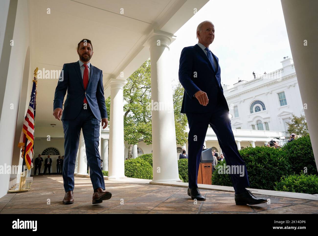 U.S. President Joe Biden and head of the White House National Economic Council Brian Deese walk back to the Oval office after Biden spoke on the tentative deal that U.S. railroads and unions secured to avert a rail shutdown, at the White House in Washington, U.S., September 15, 2022. REUTERS/Kevin Lamarque Stock Photo
