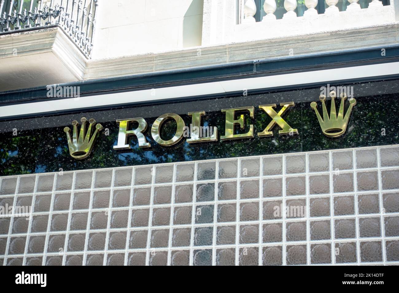 Barcelona, Spain - May 9, 2022: Rolex store sign. Rolex is a British-founded Swiss watch designer and manufacturer based in Geneva, Switzerland. Stock Photo