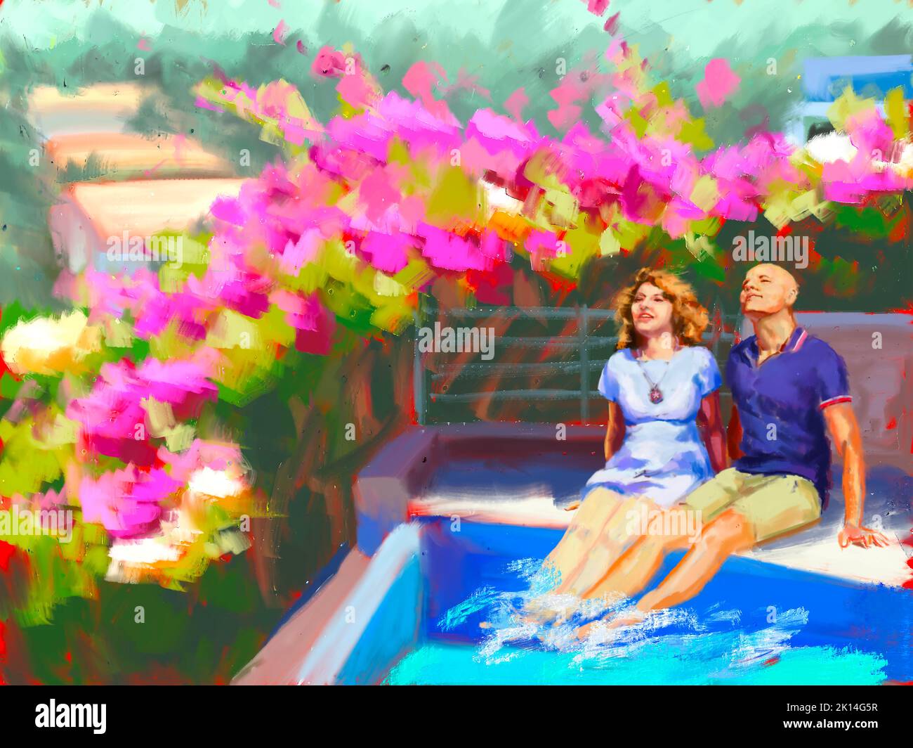 Young couple together in honeymoon near swimming pool. Oil painting impressionsm art Stock Photo