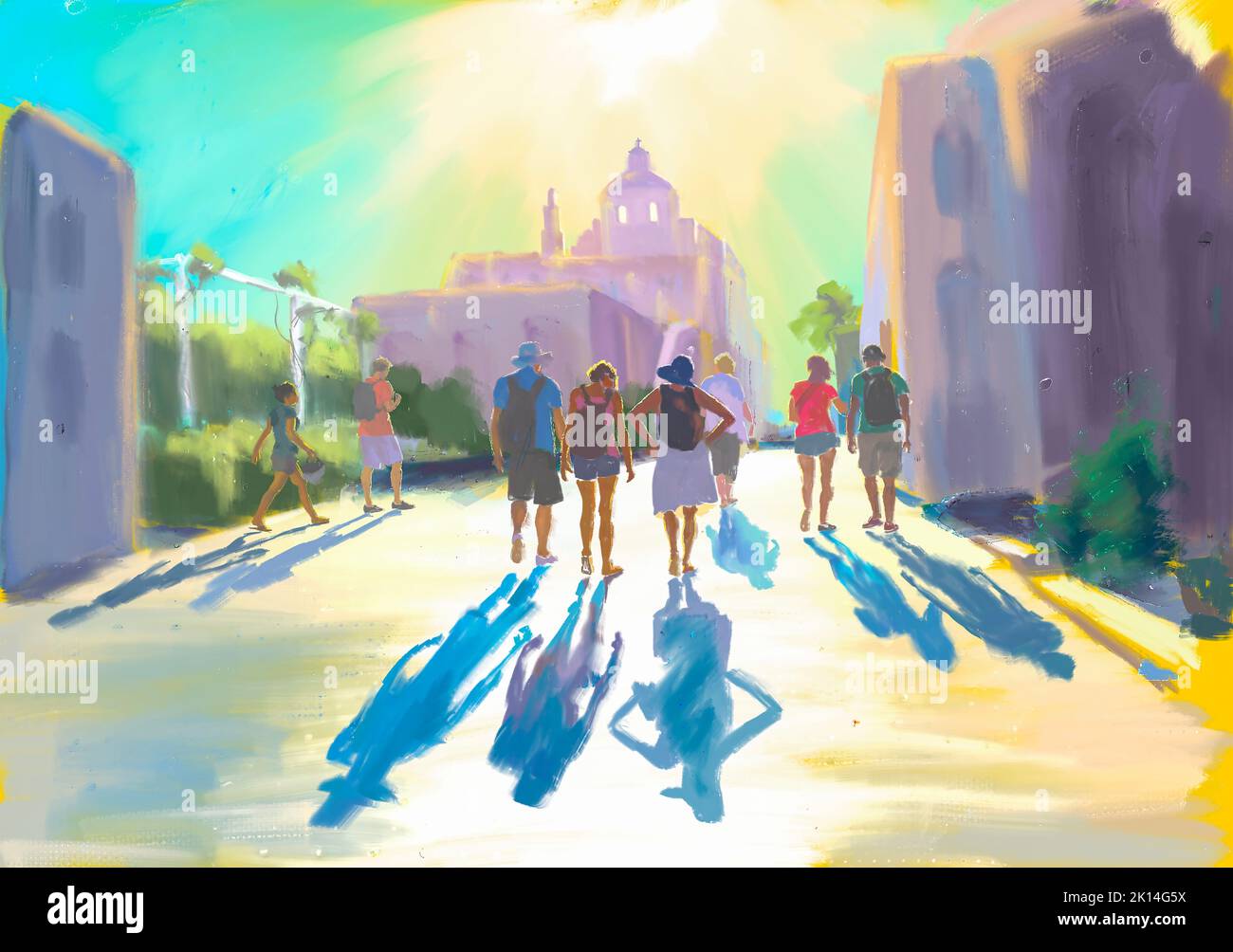 People Walking towards Sunset in Oia, Santorini, Cyclades, Greece. Oil painting. Impressionism style art Stock Photo