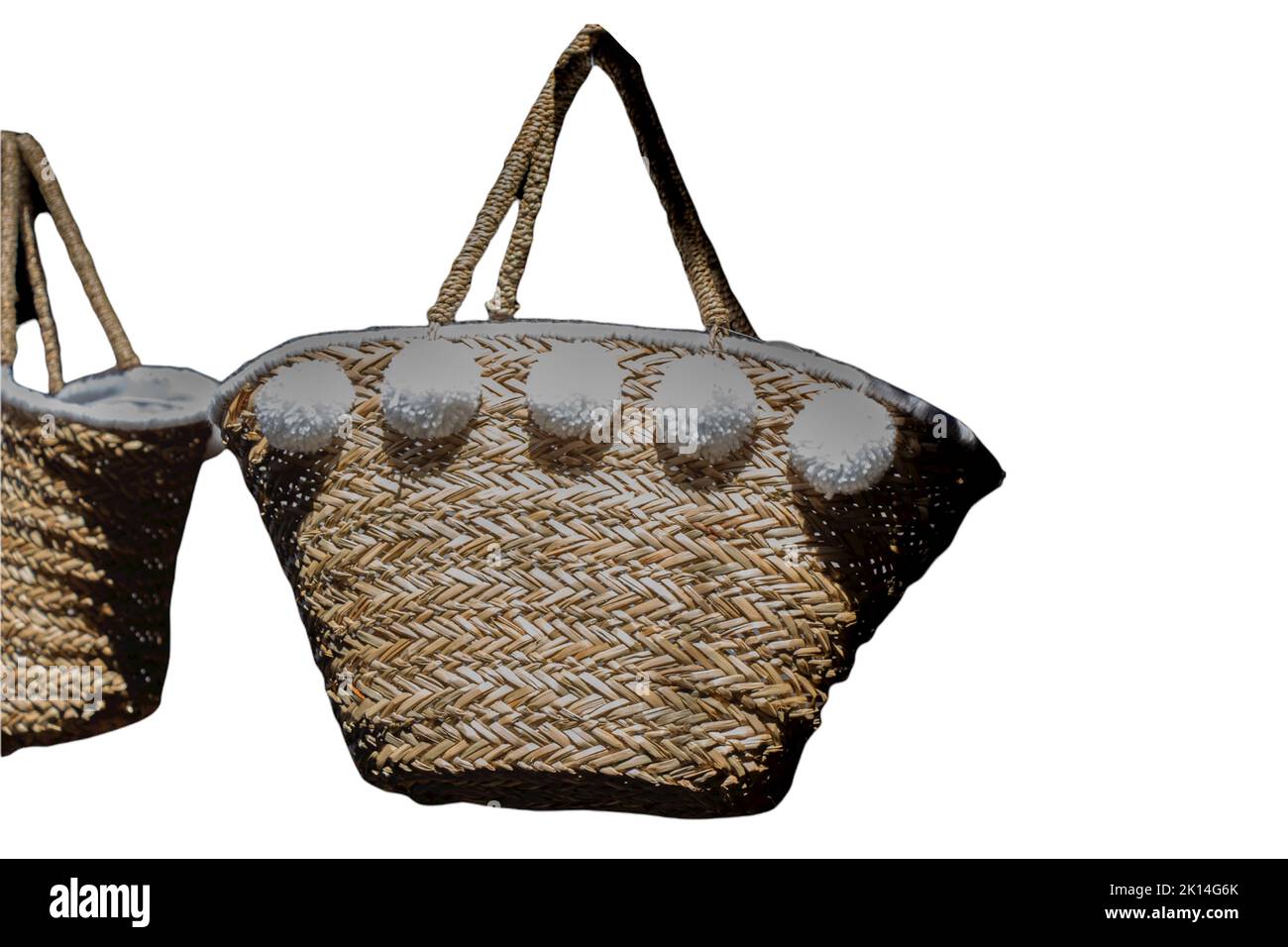 Handmade. Empty wicker basket isolated on white.  Straw handmade container. Empty basket, Stock Photo