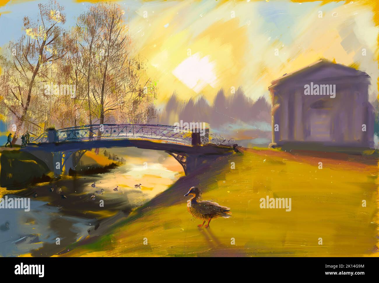 Small bridge over river in historical park in autumn at sunset. Landscape with ducks. Oil painting Impressionism art Stock Photo