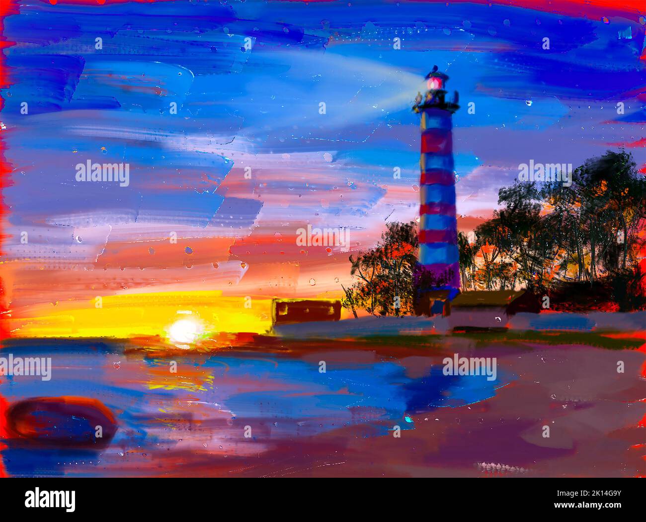 Lighthouse sea at sunset landscape. Oil painting on canvas. Impressionsm style art Stock Photo