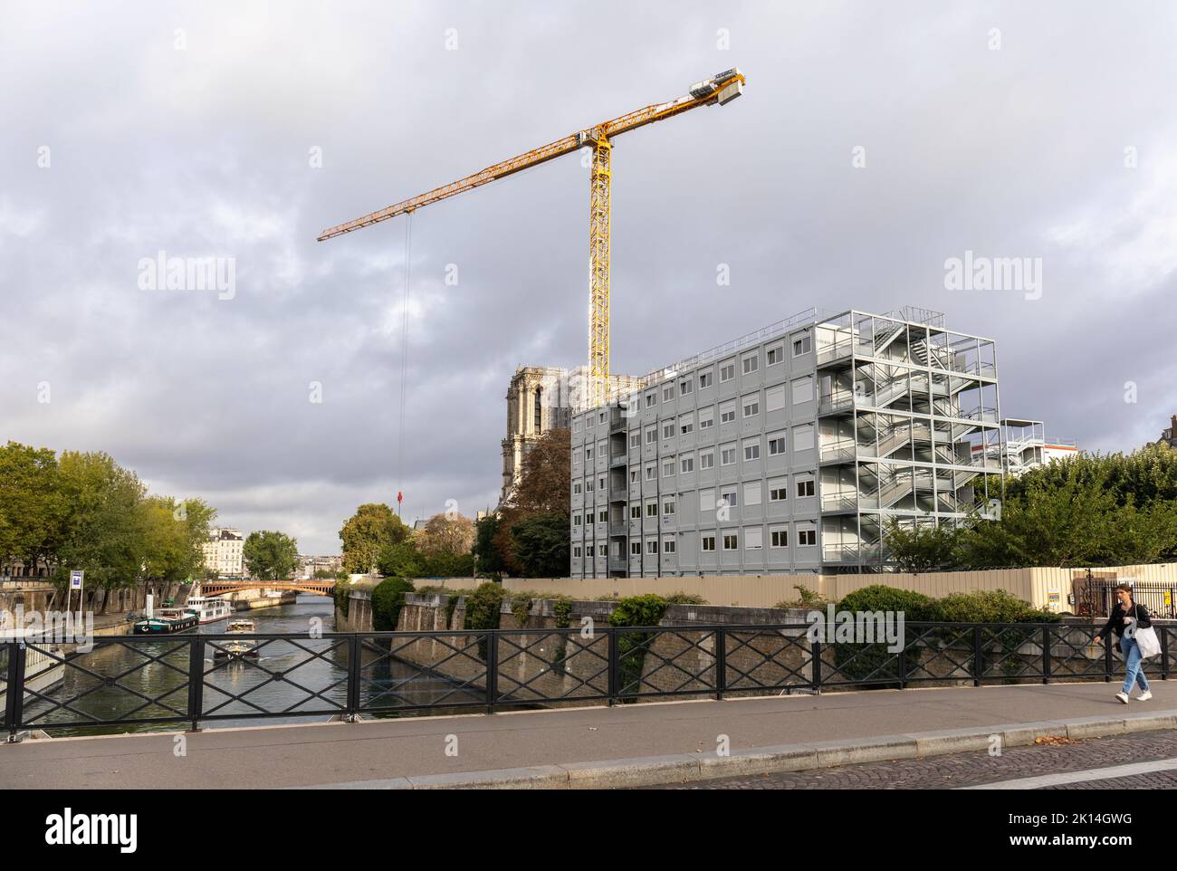 Temporary site offices and crane for the re-building of Notre Dame Cathedral, Paris, France Stock Photo