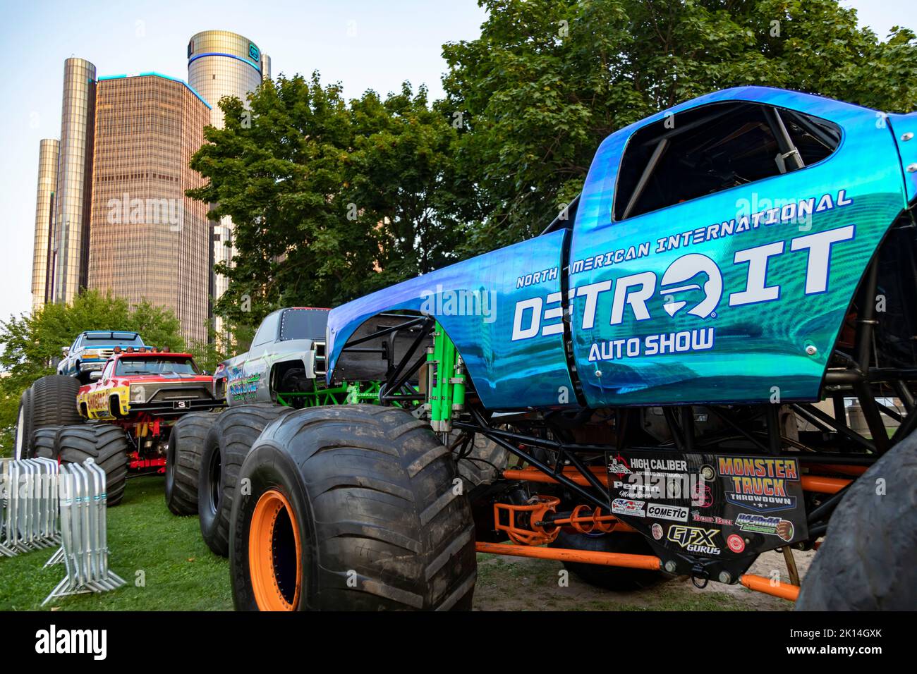 Detroit, Michigan, USA. 14th Sep, 2022. Monster trucks wait to perform at the North American International Auto Show. The 2022 show leaned more towards entertainment and less towards new vehicle introductions than past shows. Credit: Jim West/Alamy Live News Stock Photo