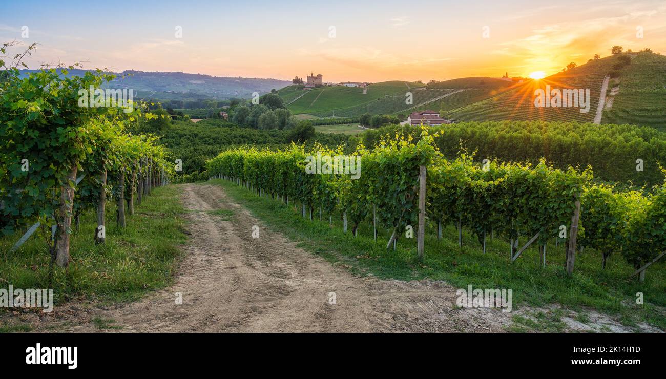 A beautiful sunset with the Grinzane Castle in the background. Langhe region of Piedmont, Cuneo, northern Italy. Stock Photo
