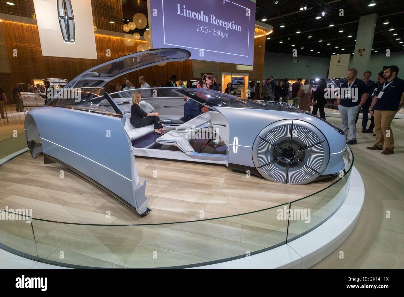 Detroit, Michigan, USA. 14th Sep, 2022. A journalist conducts an interview in the passenger compartment of the Lincoln L100 concept car at the North American International Auto Show. Credit: Jim West/Alamy Live News Stock Photo