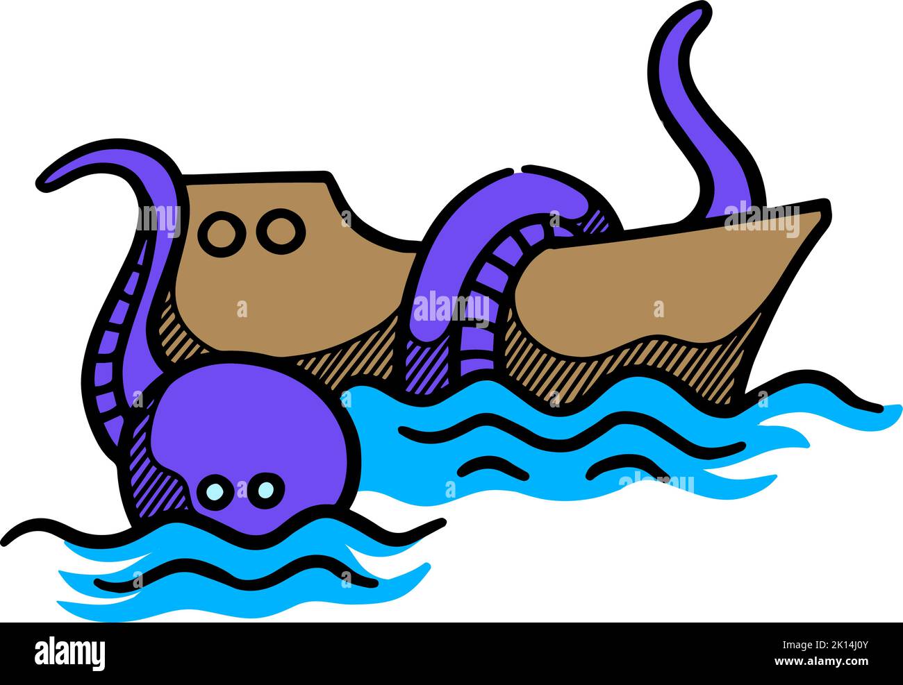 Color ship and giant octopus icon hand drawn Stock Vector