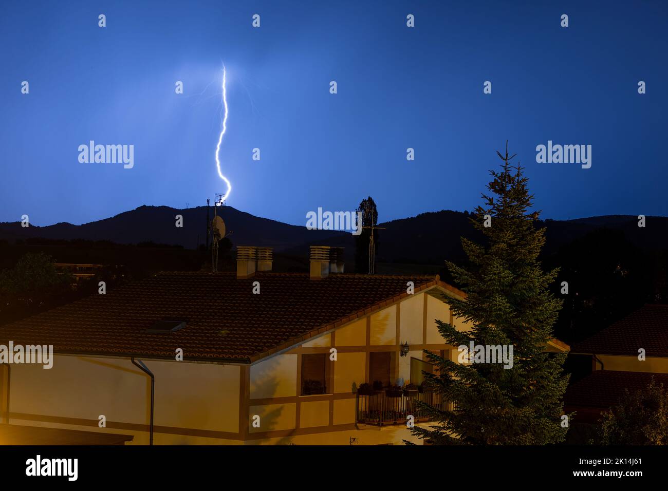 Lightning at night at Espejo, Alava, Spain Stock Photo