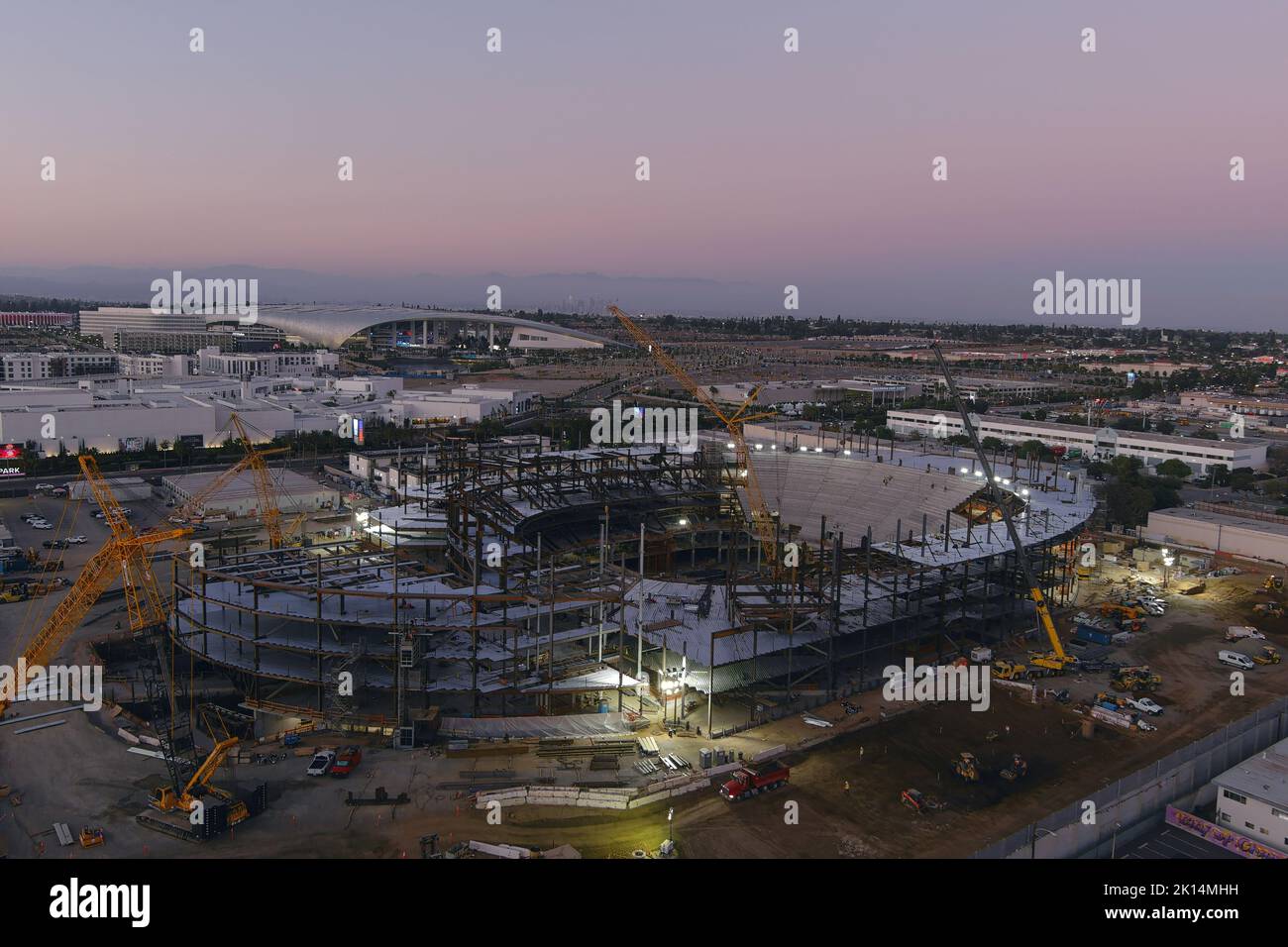 A general overall aerial view of the Intuit Dome construction site with