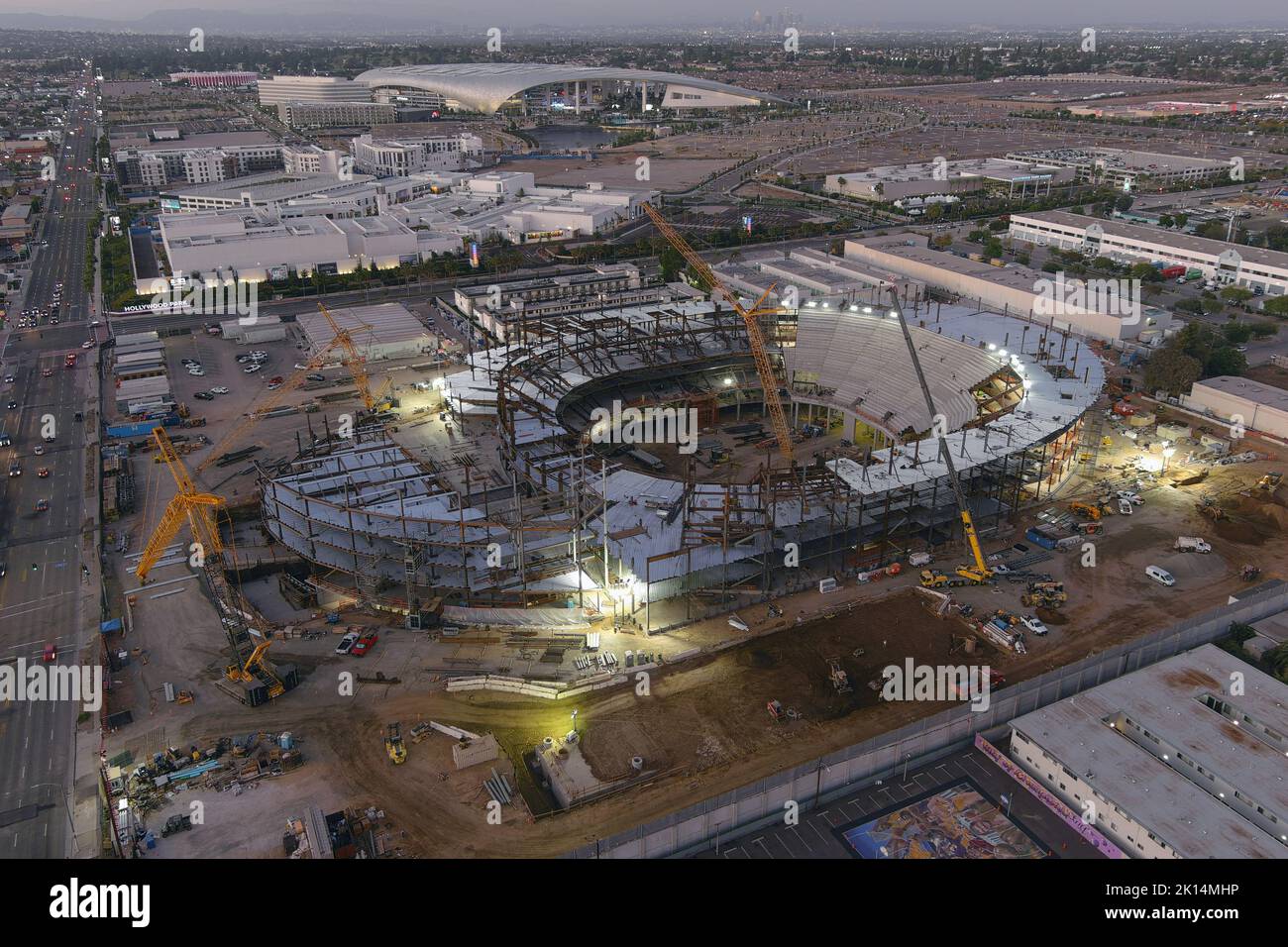 A general overall aerial view of the Intuit Dome construction site with SoFi Stadium as a