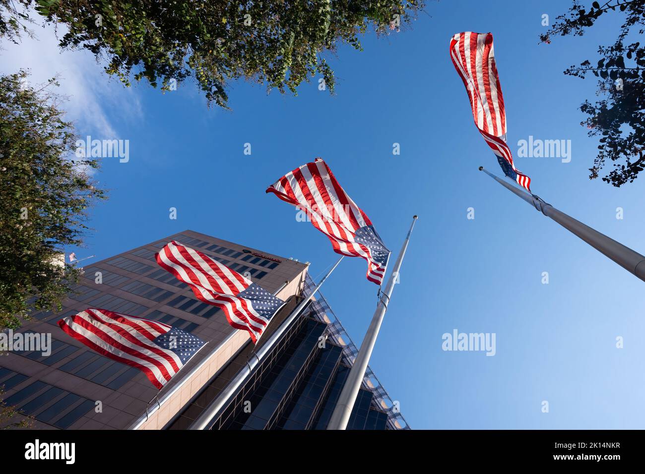 American flags fly at half-mast in San Antonio, Texas, following the death of Queen Elizabeth II. Stock Photo