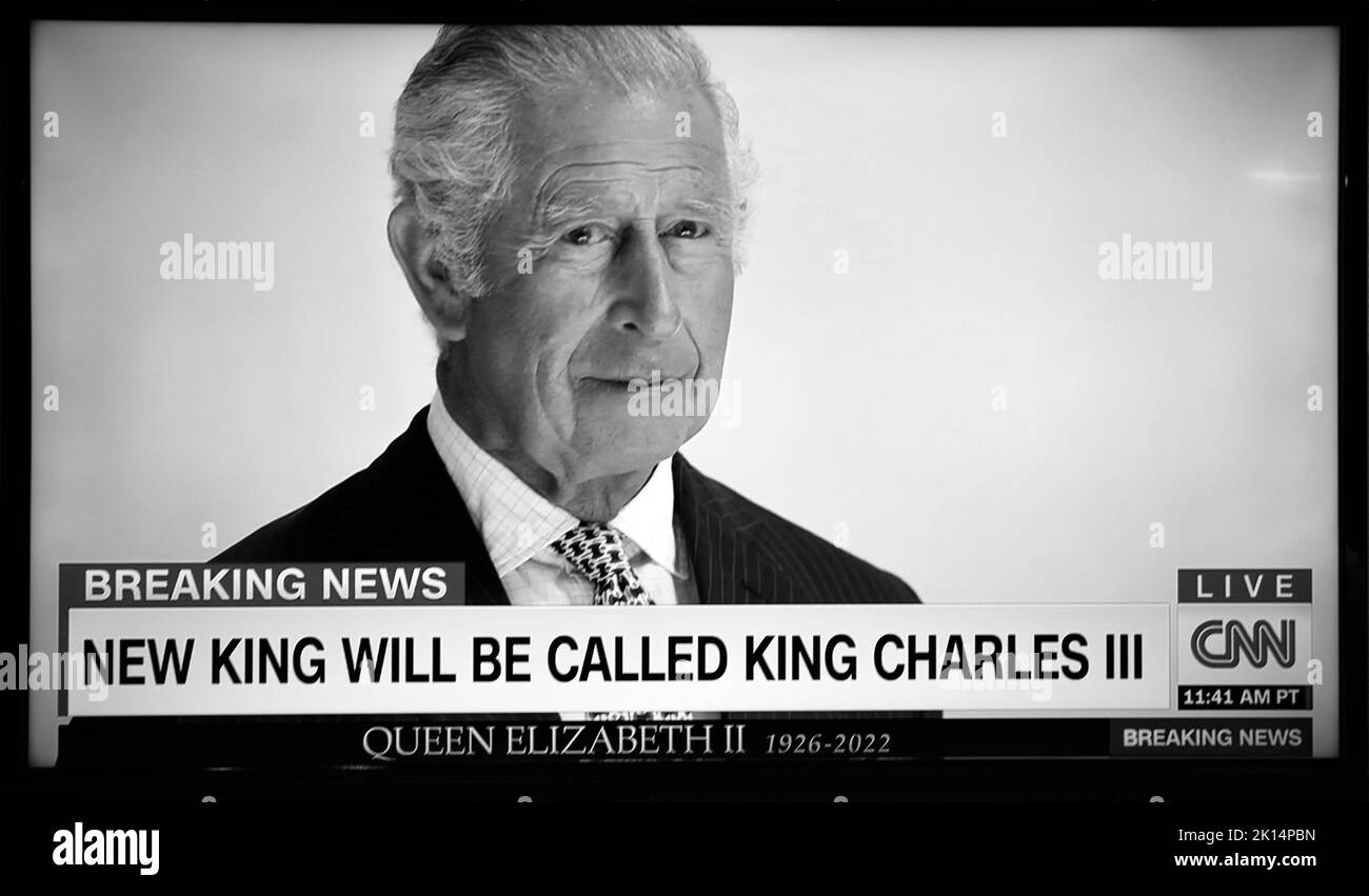 A U.S. television screenshot of CNN coverage of the death of British Queen Elizabeth and the new King, King Charles III, Stock Photo