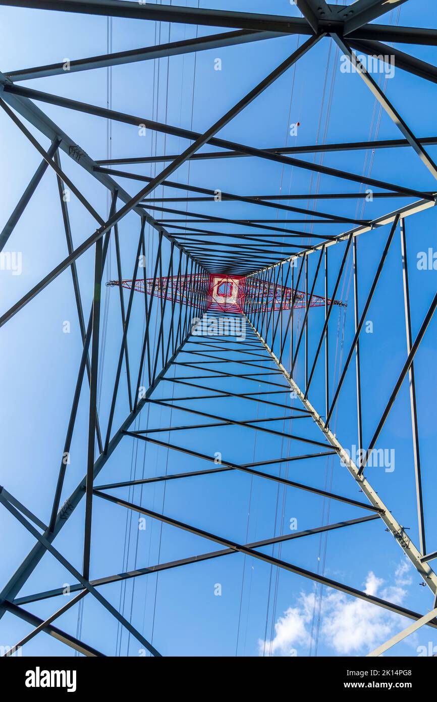 Groß-Enzersdorf: high voltage pylon from below, worm's eye view in Donau, Niederösterreich, Lower Austria, Austria Stock Photo