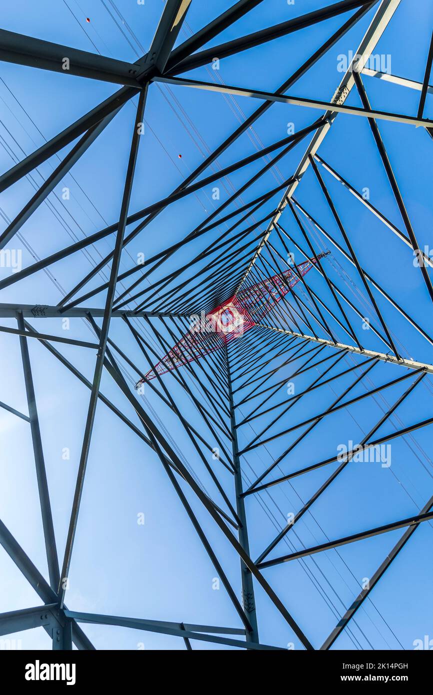 Groß-Enzersdorf: high voltage pylon from below, worm's eye view in Donau, Niederösterreich, Lower Austria, Austria Stock Photo