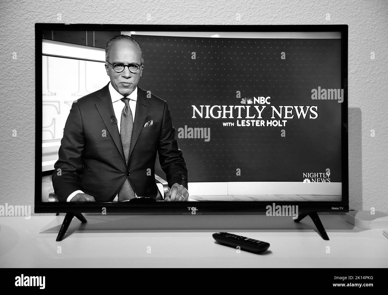 A television screenshot of news anchor Lester Holt anchorman for the NBC Nightly News. Stock Photo